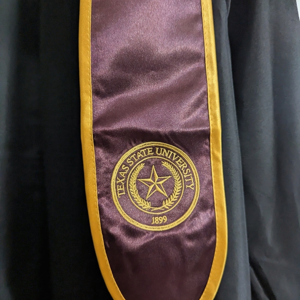 Texas State University Black Graduation Gown with Maroon and Gold Stole - Picture 6 of 11